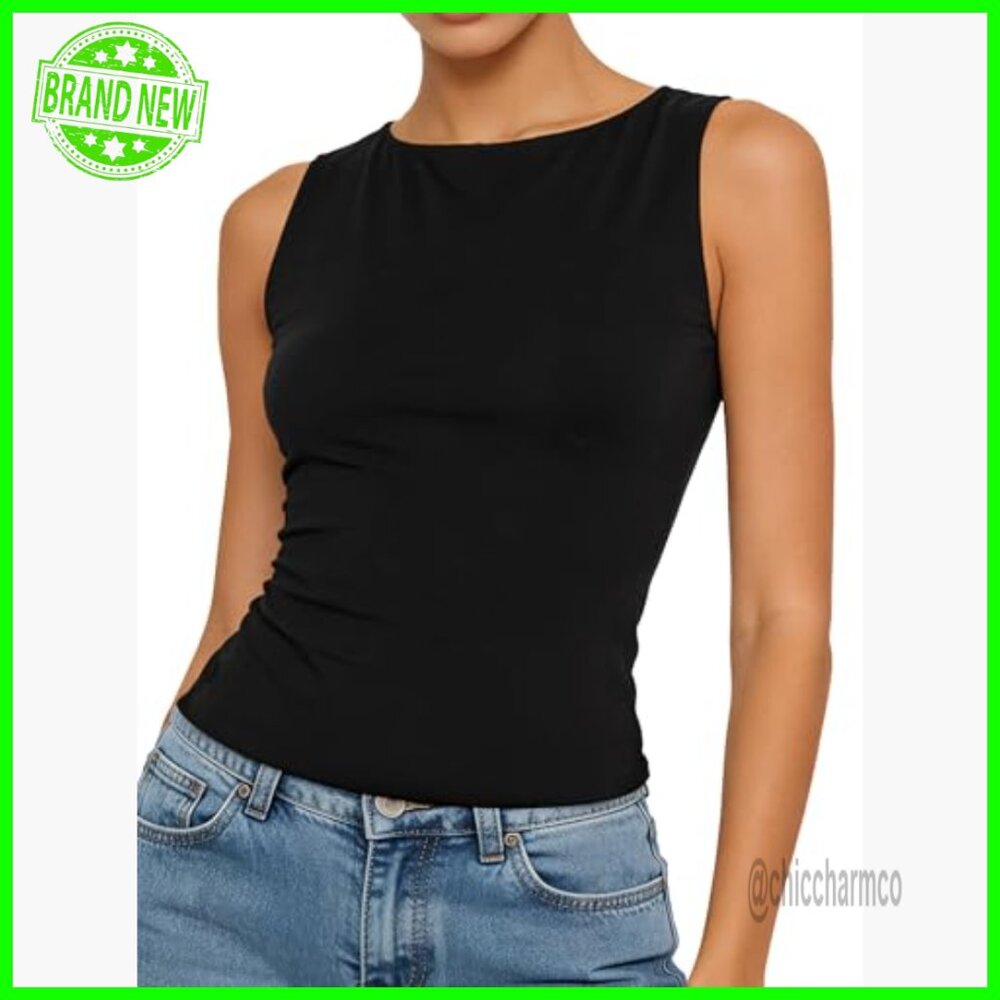 Sexy Open Back Tank Top with Tie Detail, Boat Neck, Slim Fit - Picture 3 of 6